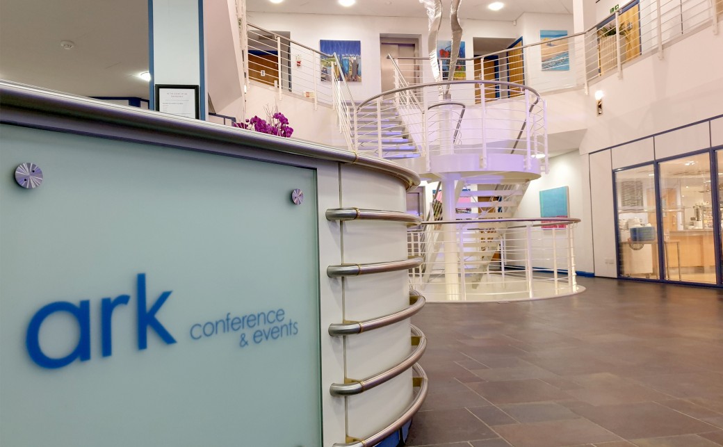 View of The Ark Logo on the reception desk at The Ark Conference Centre Basingstoke Hampshire