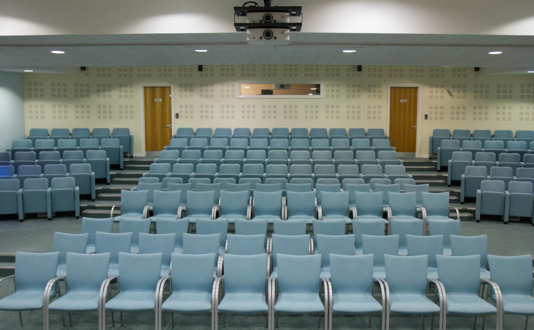 View of the seating taken from the stage in the Squire Theatre at The Ark Conference Centre in Basingstoke, Hamphire