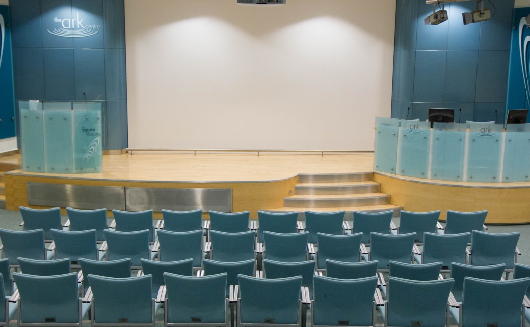 View of the front of the Squire Theatre at The Ark Conference Centre in Basingstoke, Hamphire